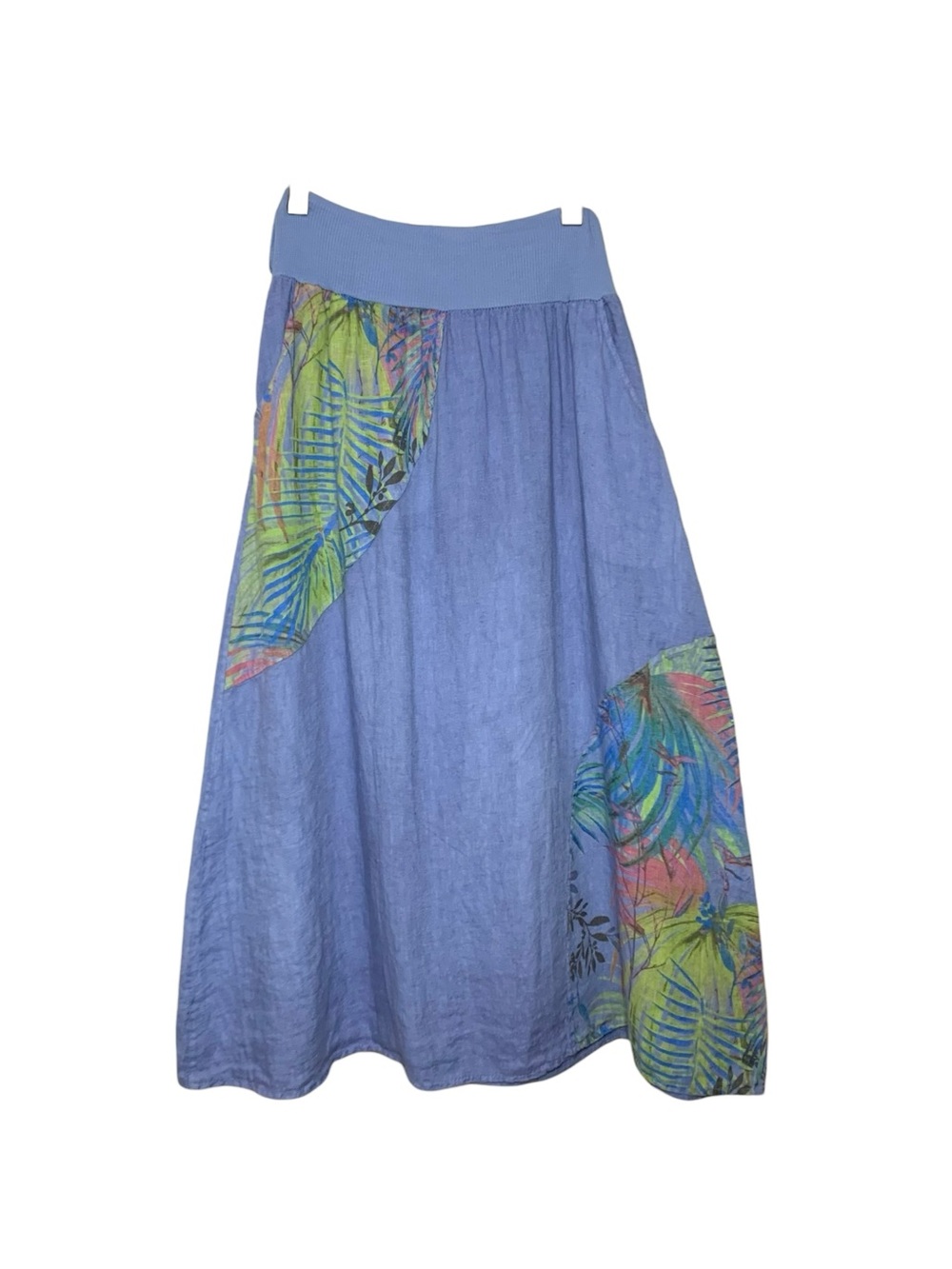 Froccella Blue Linen Maxi Skirt Tropical Leaf Side Pocket One Size Boho Hippie